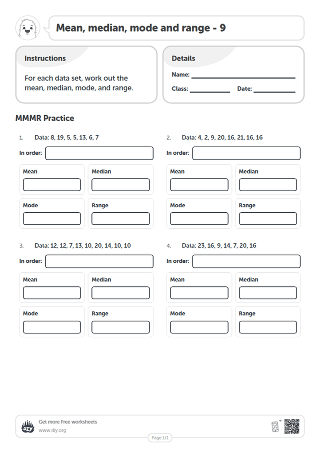 Mean, median, mode and range - 9 page 1