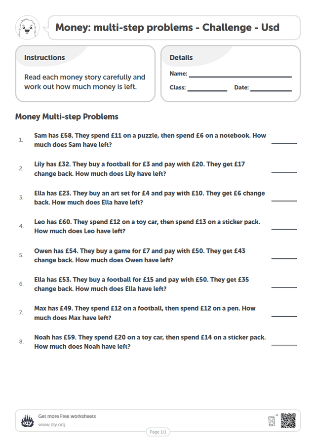 Money: multi-step problems - Usd page 1