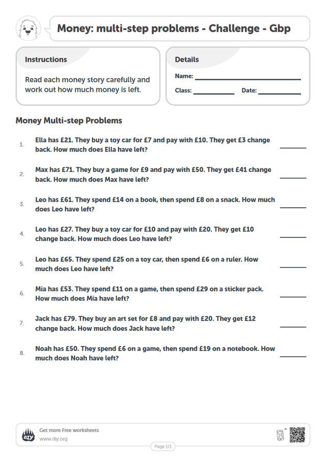 Money: multi-step problems - Gbp page 1