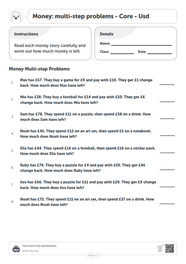 Money: multi-step problems - Usd page 1