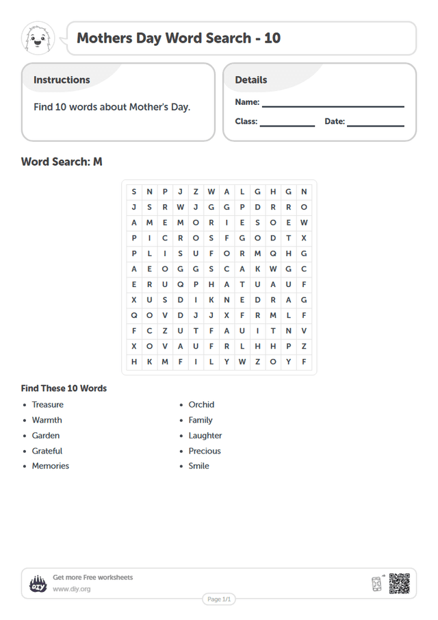 Mothers Day Word Search page 1