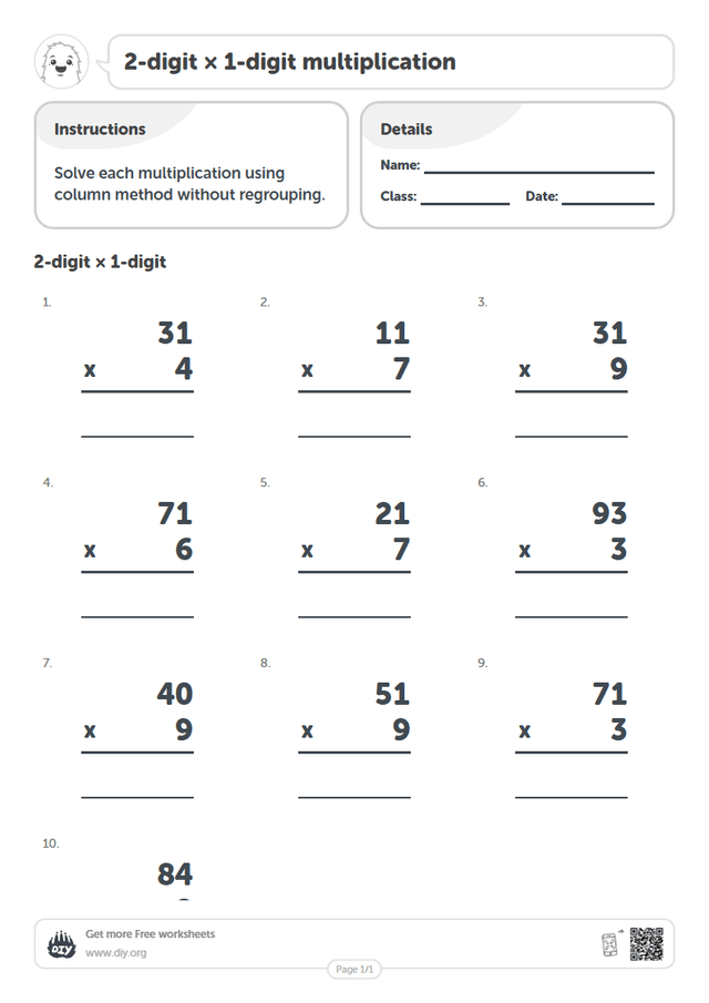 2-digit × 1-digit multiplication page 1