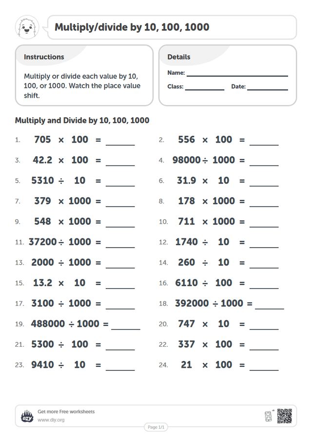 Multiply/divide by 10, 100, 1000 page 1