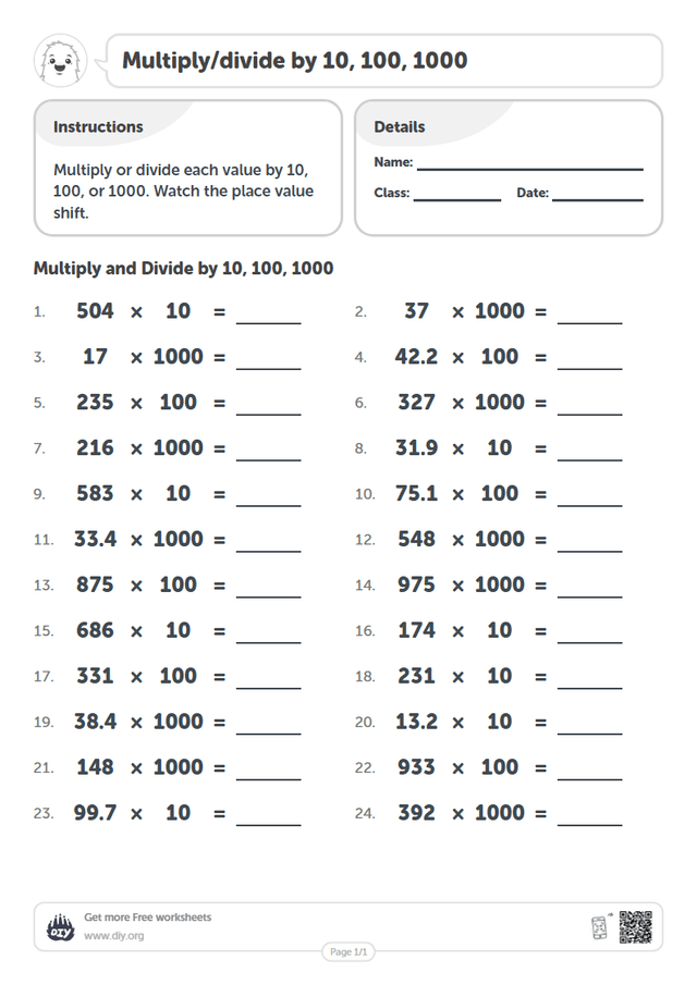 Multiply/divide by 10, 100, 1000 page 1