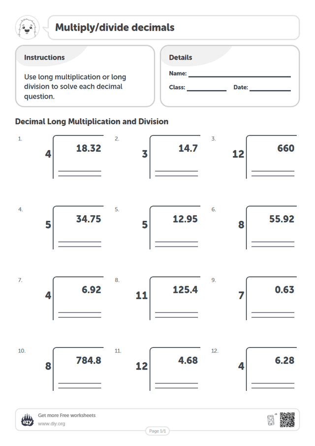 Multiply/divide decimals page 1