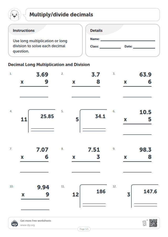 Multiply/divide decimals page 1