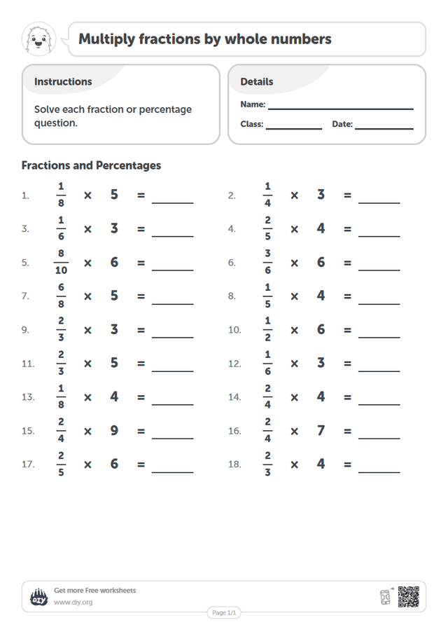 Multiply fractions by whole numbers page 1