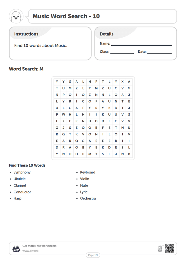Music Word Search page 1