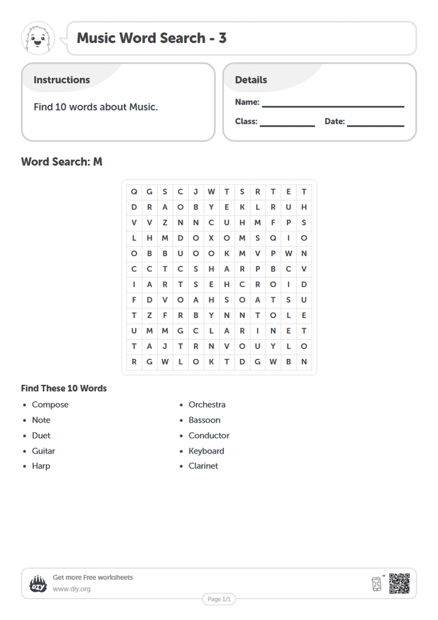 Music Word Search page 1