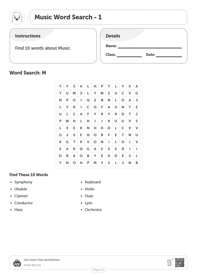 Music Word Search page 1