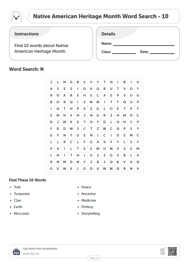 Native American Heritage Month Word Search page 1