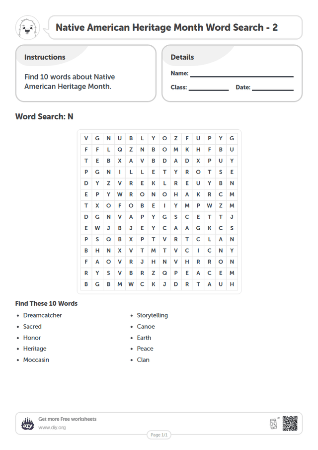 Native American Heritage Month Word Search page 1