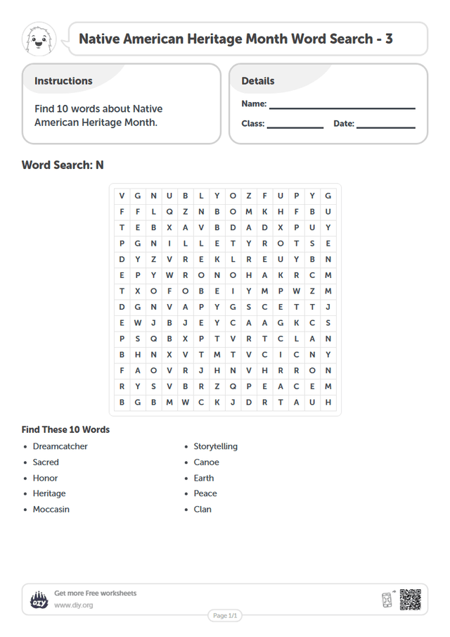Native American Heritage Month Word Search page 1