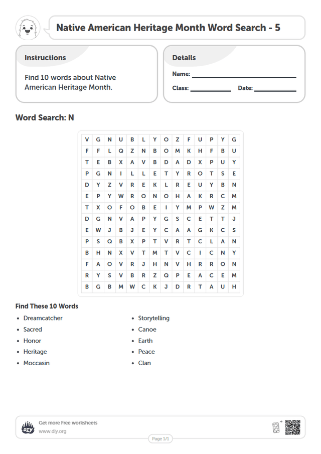 Native American Heritage Month Word Search page 1