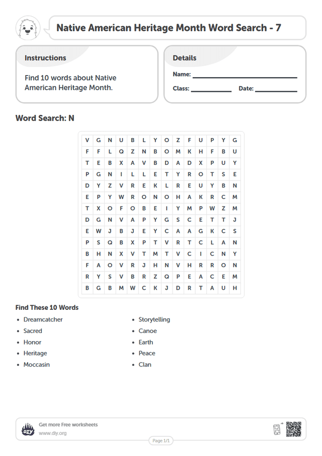 Native American Heritage Month Word Search page 1