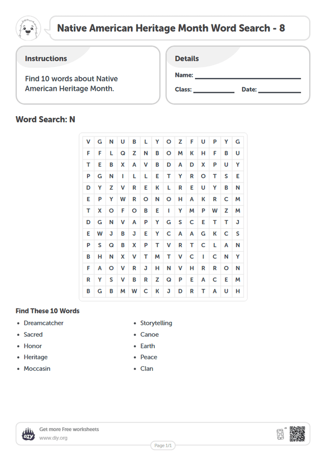 Native American Heritage Month Word Search page 1