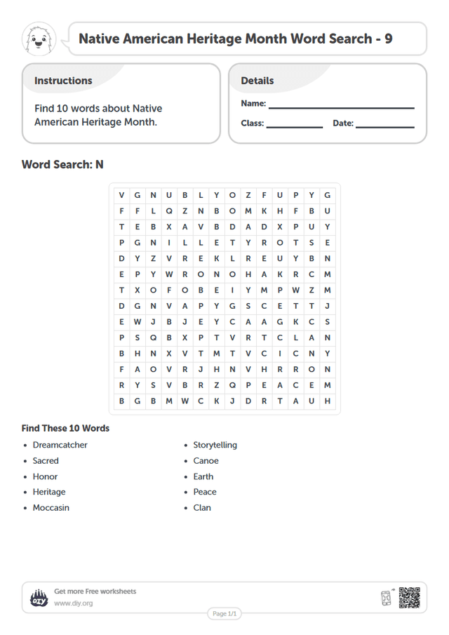Native American Heritage Month Word Search page 1