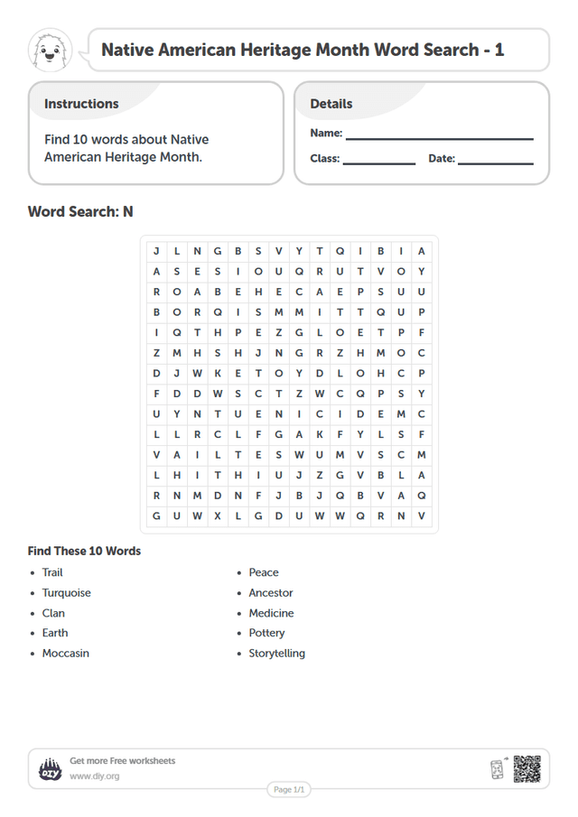 Native American Heritage Month Word Search page 1