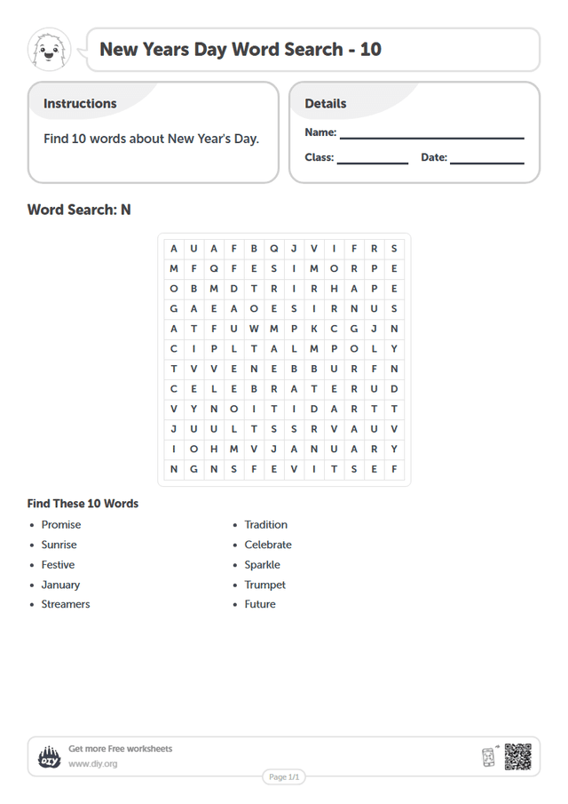 New Years Day Word Search page 1