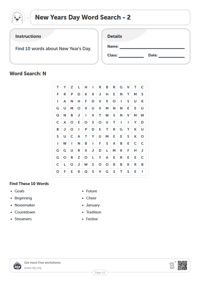 New Years Day Word Search page 1