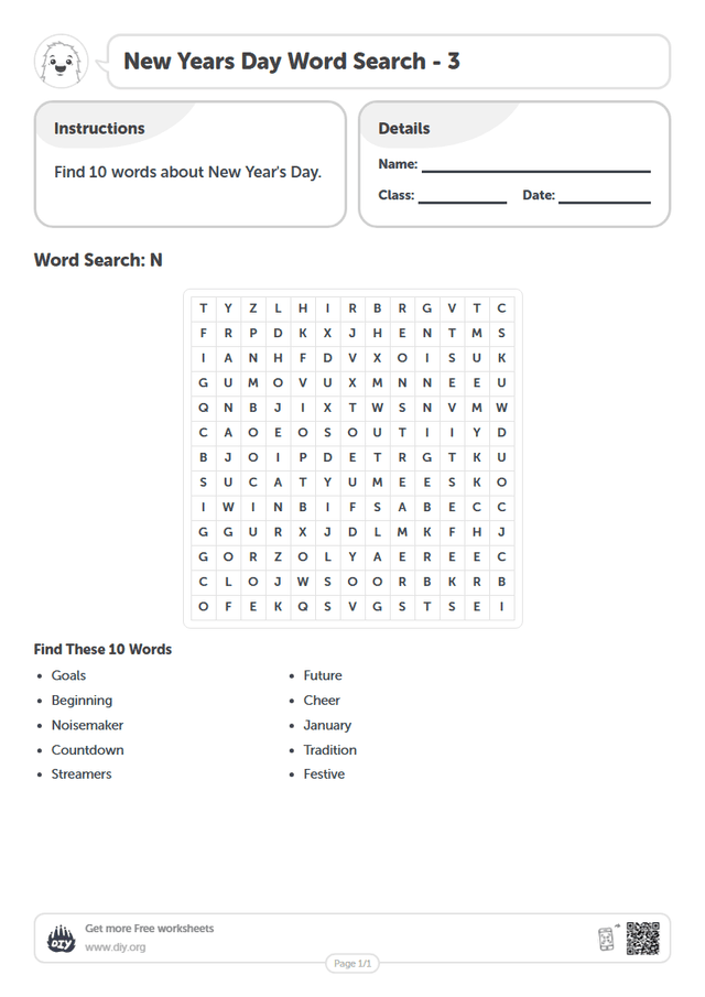 New Years Day Word Search page 1
