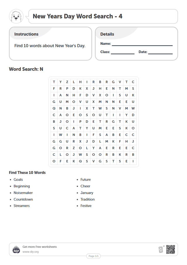 New Years Day Word Search page 1