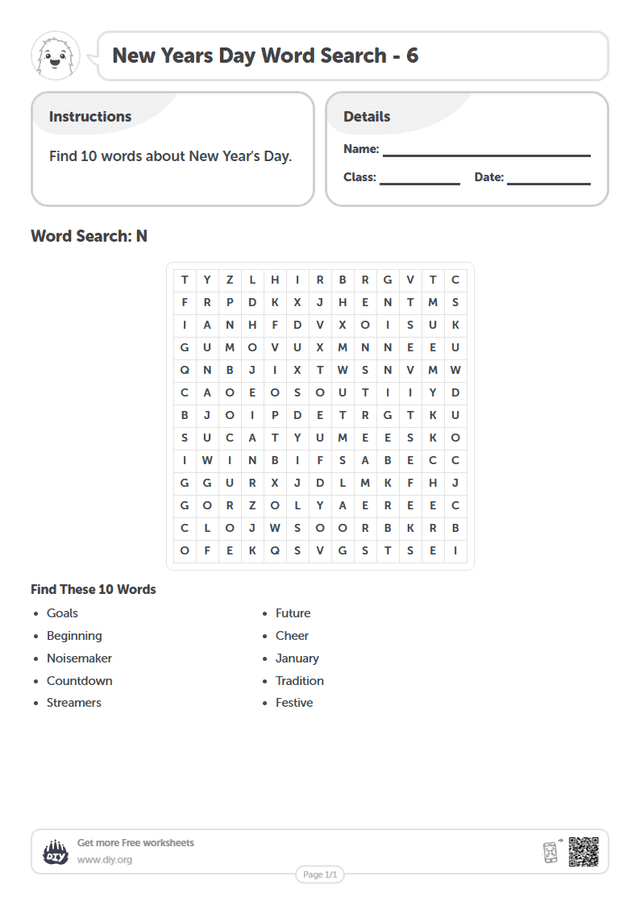 New Years Day Word Search page 1