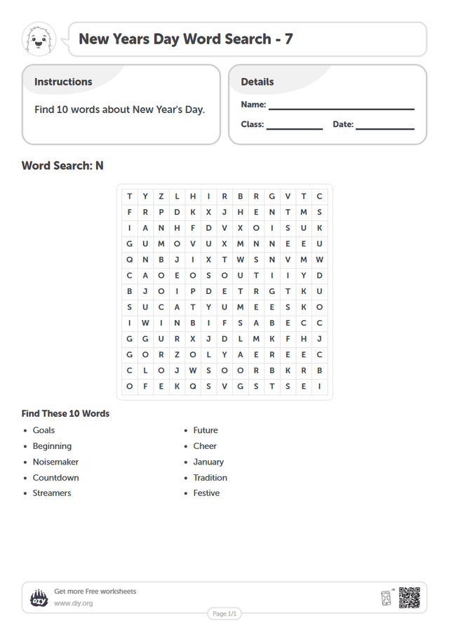 New Years Day Word Search page 1