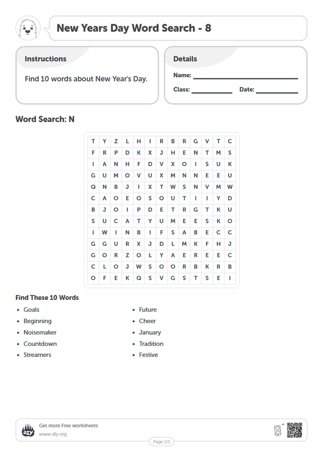 New Years Day Word Search page 1