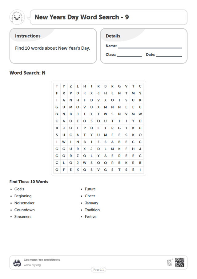 New Years Day Word Search page 1