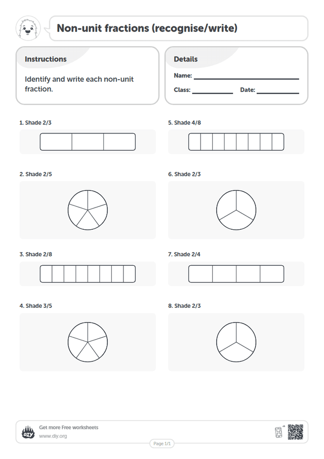 Non-unit fractions (recognise/write) page 1