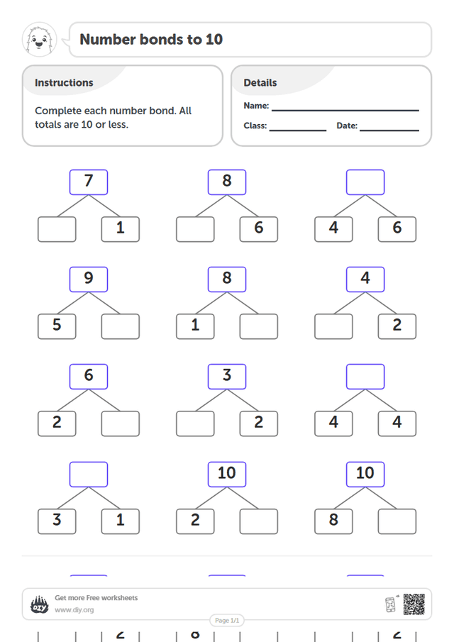 Number bonds to 10 page 1