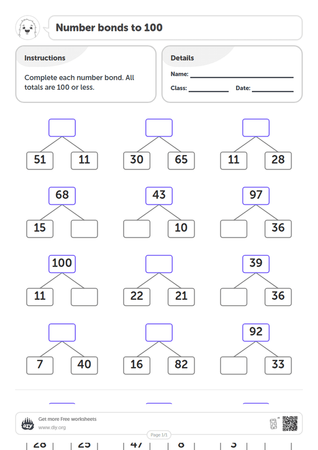 Number bonds to 100 page 1