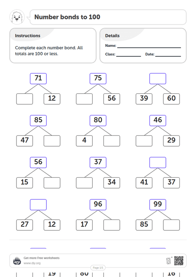 Number bonds to 100 page 1