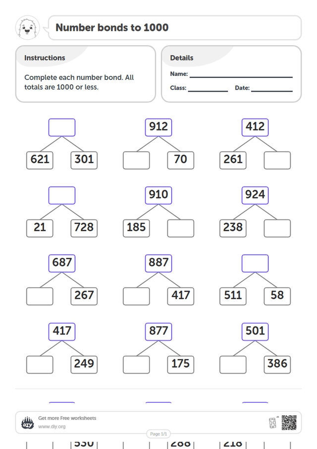 Number bonds to 1000 page 1