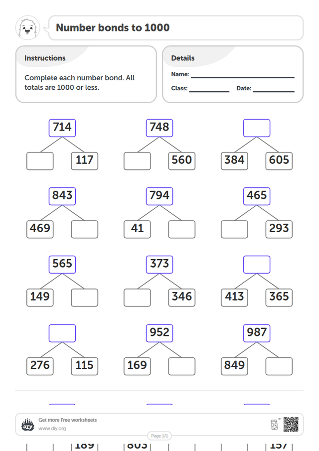 Number bonds to 1000 page 1