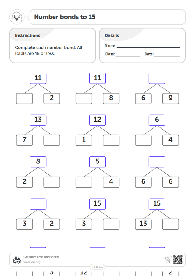Number bonds to 15 page 1