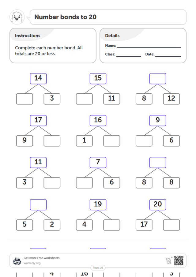 Number bonds to 20 page 1