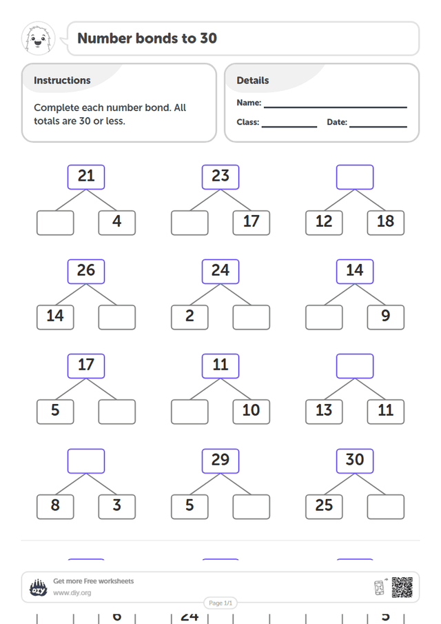 Number bonds to 30 page 1