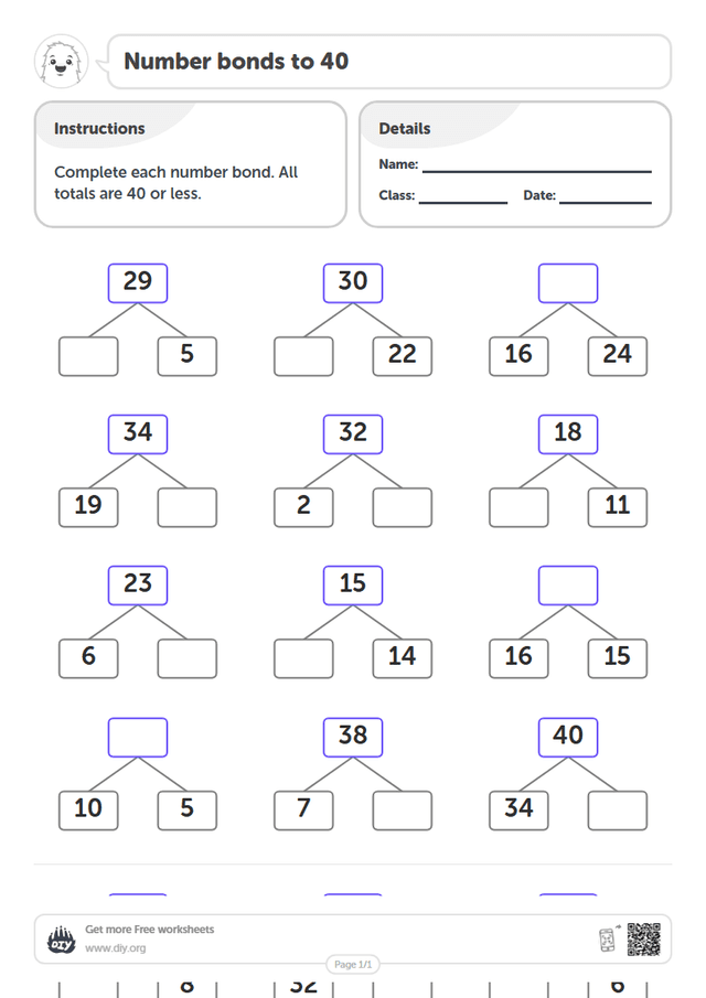 Number bonds to 40 page 1