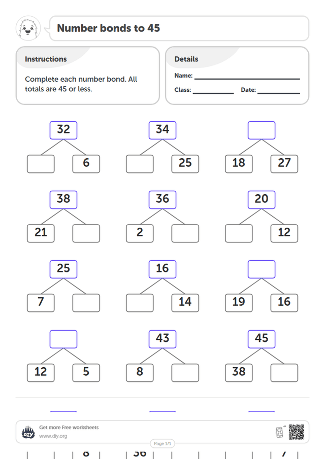 Number bonds to 45 page 1