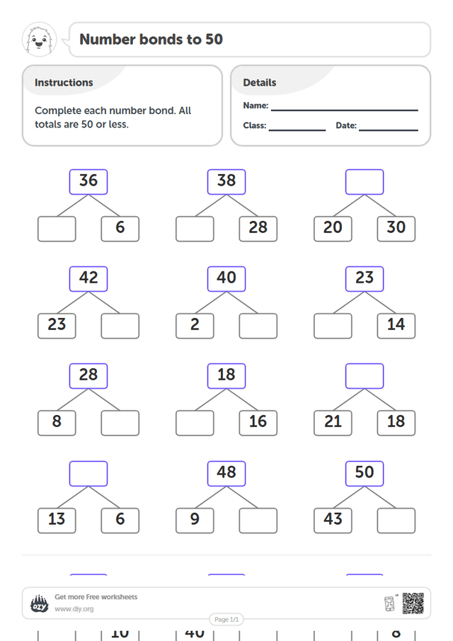 Number bonds to 50 page 1
