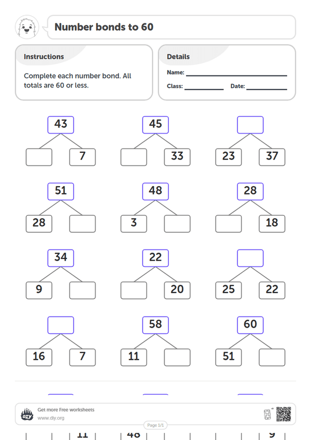 Number bonds to 60 page 1