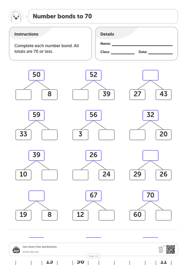 Number bonds to 70 page 1