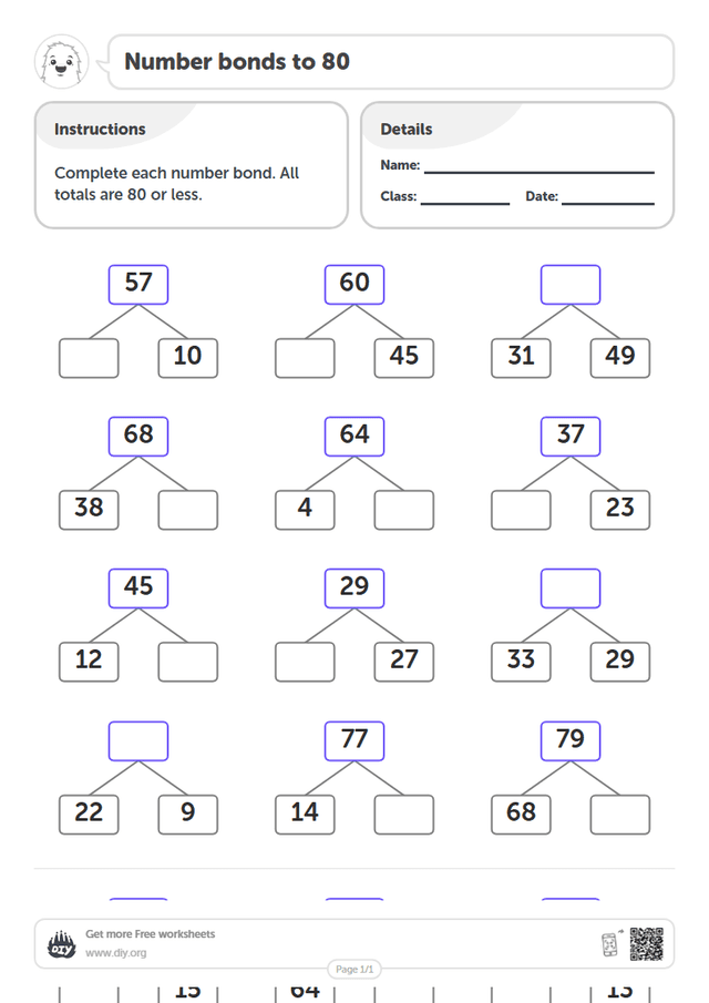 Number bonds to 80 page 1