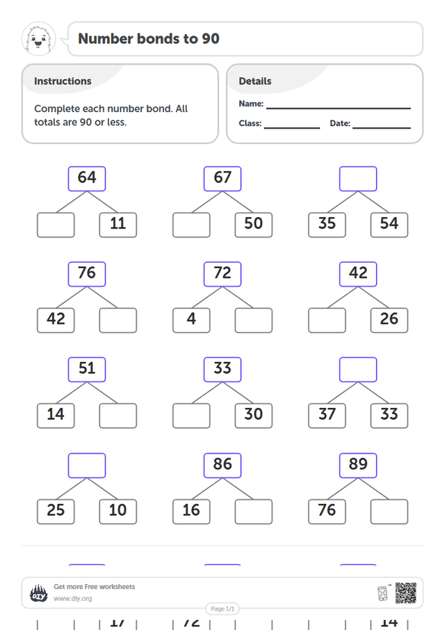Number bonds to 90 page 1