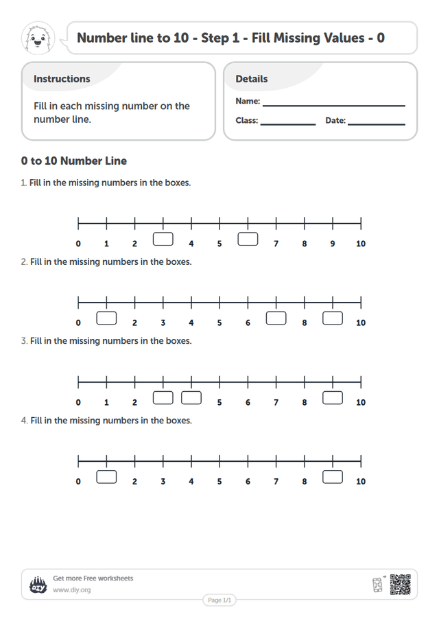 Number line to 10 - Step 1 - Fill Missing Values - 0 page 1