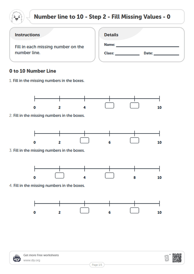 Number line to 10 - Step 2 - Fill Missing Values - 0 page 1