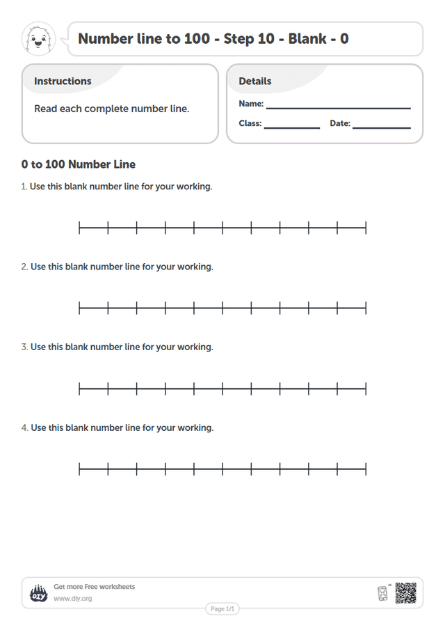 Number line to 100 - Step 10 - Blank - 0 page 1