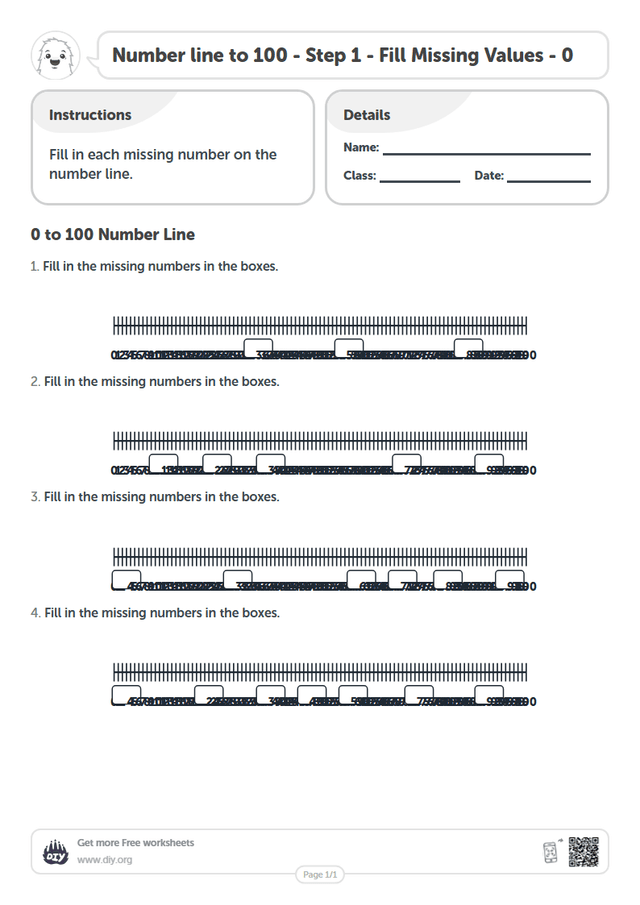Number line to 100 - Step 1 - Fill Missing Values - 0 page 1